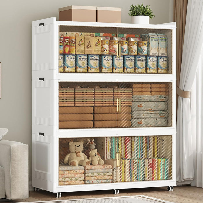 150GAL Extra Large Stackable Storage Bins with Lid, 600QT Plastic Closet Organizer and Storage Cabinet with Wheels and Doors, Folding Storage Box Container for Home Organization, 3Pack White