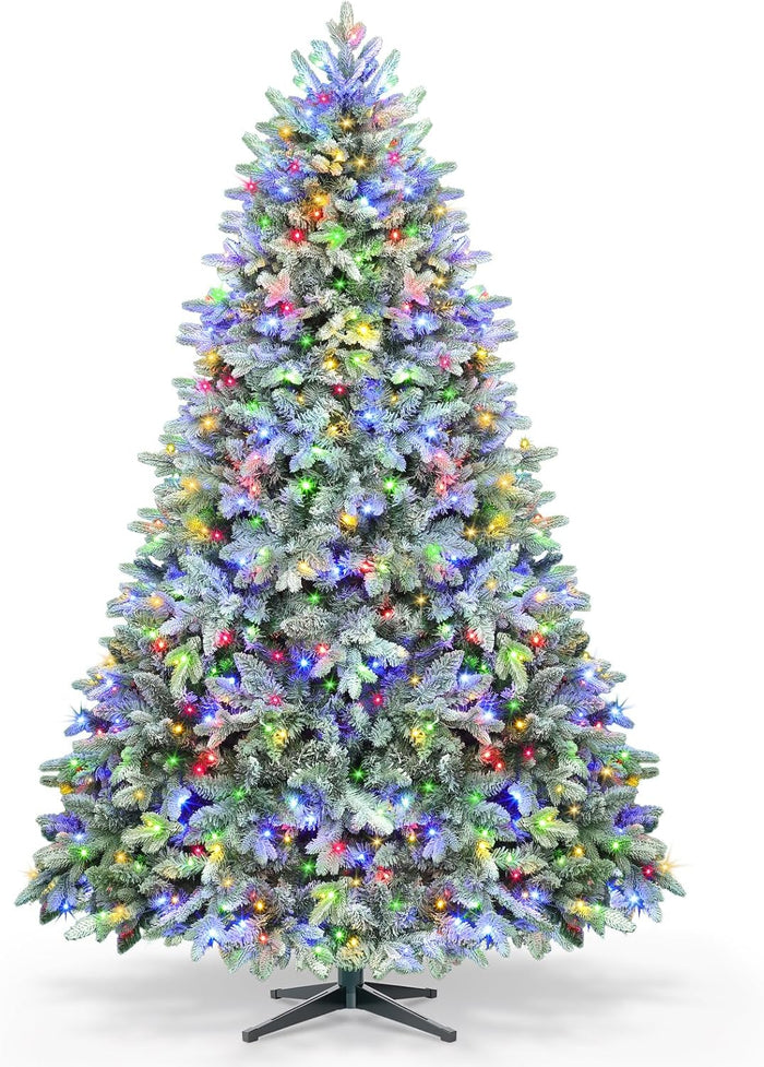 9ft Pre-lit Artificial Christmas Tree with Remote, Snow Flocked Xmas Trees Rotating & Foldable Stand, RGB & Warm White Light for Home Decor