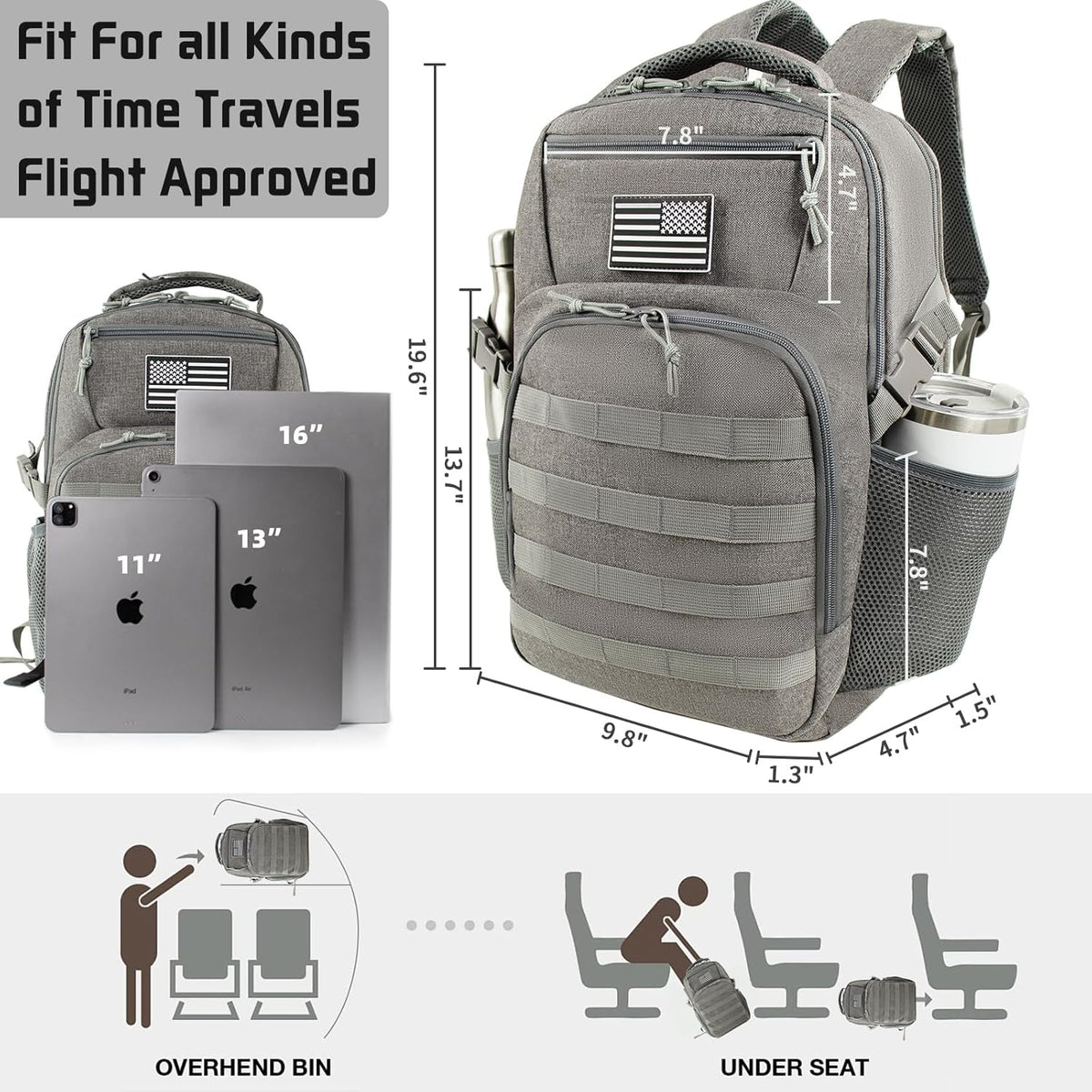 15.6'' Travel Laptop Backpack for Men, 30L Tactical College Backpacks with Water Pouches Both Sides, Portable Backpack for Men Women Business Work Bag Fight Approved - Grey Backpack