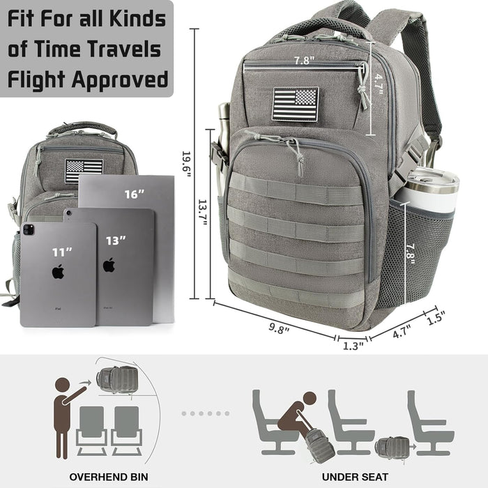 15.6'' Travel Laptop Backpack for Men, 30L Tactical College Backpacks with Water Pouches Both Sides, Portable Backpack for Men Women Business Work Bag Fight Approved - Grey Backpack