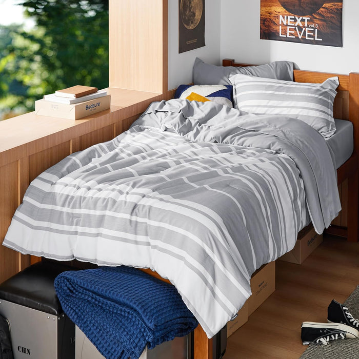 Bedsure Twin Comforter Set 5 Pieces, Blue Striped Bedding Set for All Seasons, Reversible, Cationic Dyeing Bed in a Bag with Comforter, Sheets, Pillowcase & Sham