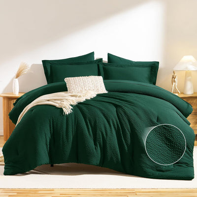 CozyLux Queen Comforter Set Emerald Green - 7 Pieces Striped Seersucker Bed in a Bag, Soft Lightweight Boho Bedding Set with All Season Comforters Queen Size, Sheets, Pillowcases & Shams