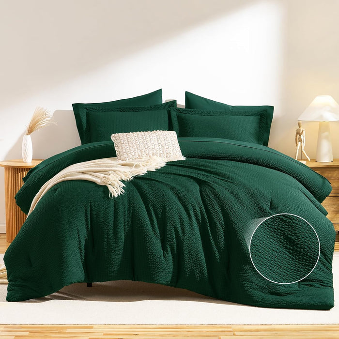 CozyLux Queen Comforter Set Emerald Green - 7 Pieces Striped Seersucker Bed in a Bag, Soft Lightweight Boho Bedding Set with All Season Comforters Queen Size, Sheets, Pillowcases & Shams