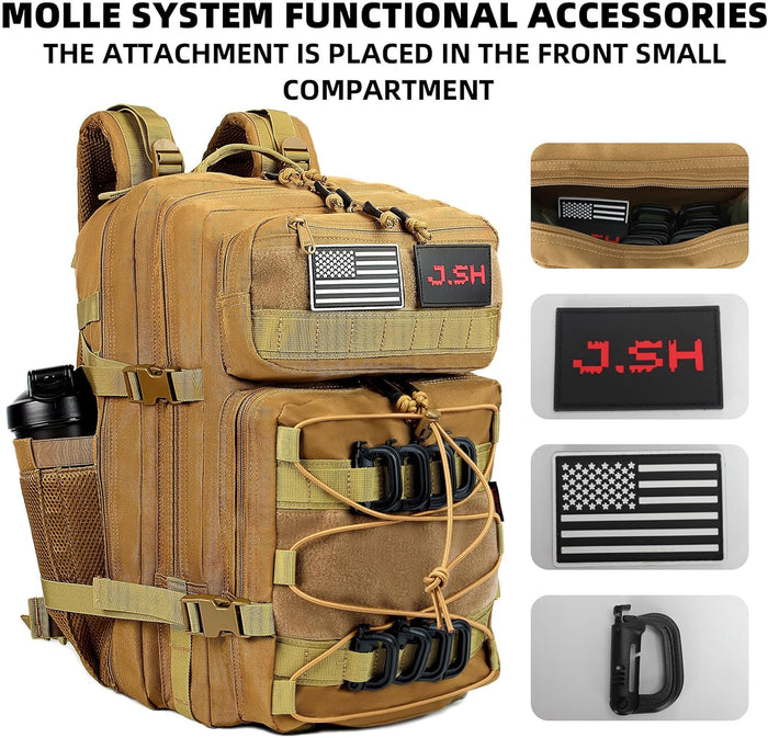 J.SH Military Tactical Backpack for Men 45L Large Capacity Backpack MOLLE 3 Days Assault Pack Bag Waterproof Durable Army Hiking - Khaki