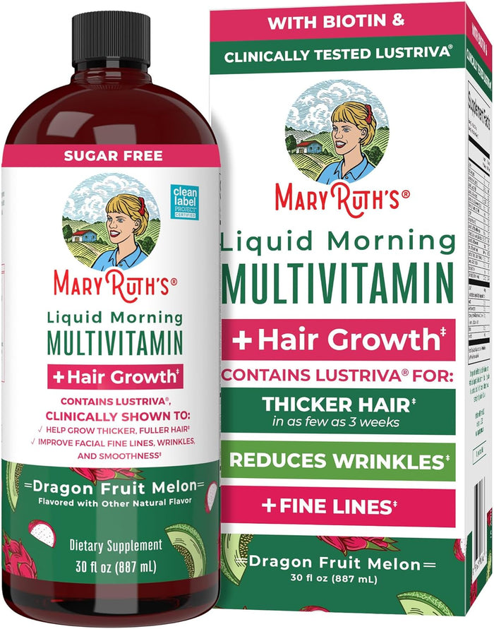 MaryRuth's Liquid Multivitamin + Hair Growth | Biotin 10000mcg | Lustriva Hair Growth Supplement | Clinically Tested in Women for Thicker Hair & Facial Wrinkles | Skin Care | Ages 18+ | 15.22 Fl Oz