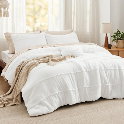 Bedsure Full Comforter Set - 4 Pieces Pinch Pleat Bed Set, White Boho Bedding for All Season, 1 Soft Comforter, 2 Pillowcases, 1 Decorative Pillow