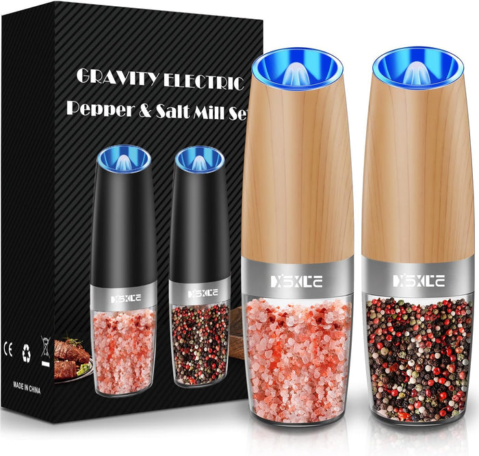XinXu Gravity Electric Pepper and Salt Grinder Set, Adjustable Coarseness, with LED Light, One Hand Automatic Operation (Set/Silver X)