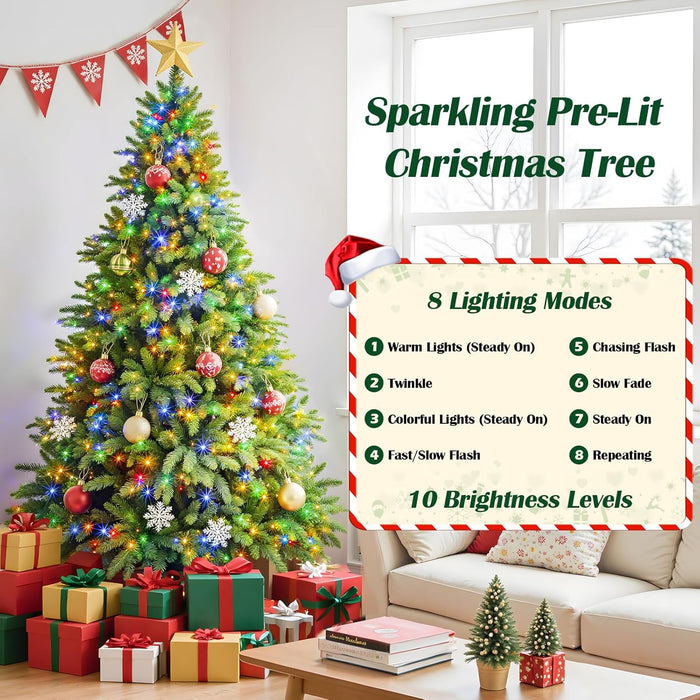 Artificial Full Christmas Tree, Rotating & Foldable Stand, 7.5ft Pre-Lit Spruce Holiday Xmas Musical Tree with Remote, RGB & Warm White Light, Green