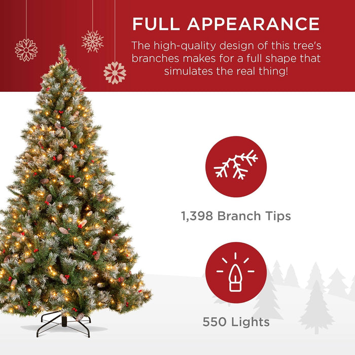 Best Choice Products Christmas Tree Pre-Lit, Pre-Decorated Artificial 7.5ft Frosted Pine Holiday Decoration w/Frosted Tips, Pine Cones, Berries