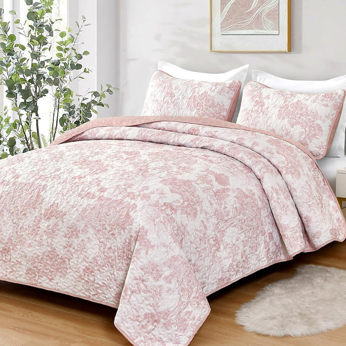 WONGS BEDDING Botanical Quilt Set Queen Size, Sage Green 3 Pieces Toile Floral Plants Printed Bedspread Bedding Set Soft Lightweight Microfiber Coverlet Set for All Season (96"x90")