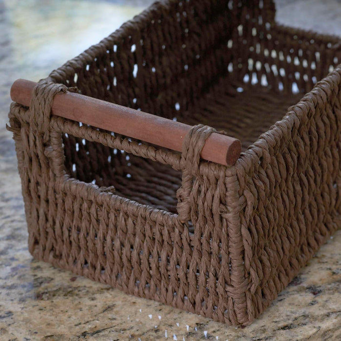 Household Essentials Decorative Woven Baskets Set of 3, Paper Rope with Wood Handles and Metal Frame, Small, Medium and Large, Brown