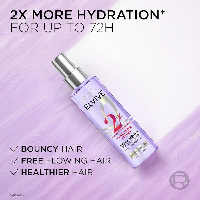 L'Oreal Paris Elvive Hyaluron Plump Moisture Plump Hair Serum for Dehydrated, Dry Hair with Hyaluronic Acid Care Complex, Paraben-Free, 4.4 Fl Oz