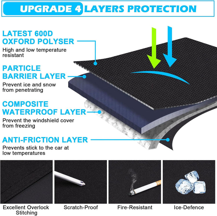 Tevlaphee Windshield Cover for Ice and Snow, Heavy Duty 600D Oxford Fabric, Waterproof, Embedded Magnets, Side Mirror Protector, Fit Most Cars, SUVs, Vans, Truck