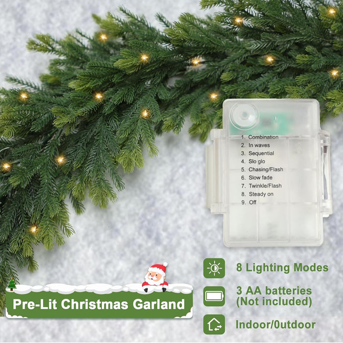 6 FT Christmas Garland Pre Lit Cedar Garlands Artificial Pine Cypress Garlands for Dining Tables Mantle Porches Outdoor Christmas Decorations