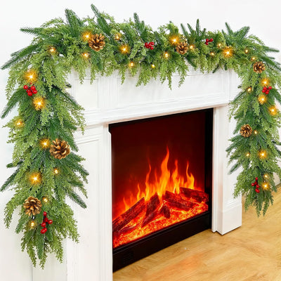 Prelit 50LED - 9 Ft by 10 Inch Christmas Garland with Lights Timer, Real Touch Norfolk Pine Cedar Garland 150 Cypress & 50 Norfolk PE Tips Berries Pine Cones for Indoor Fireplace Mantle Table Decor