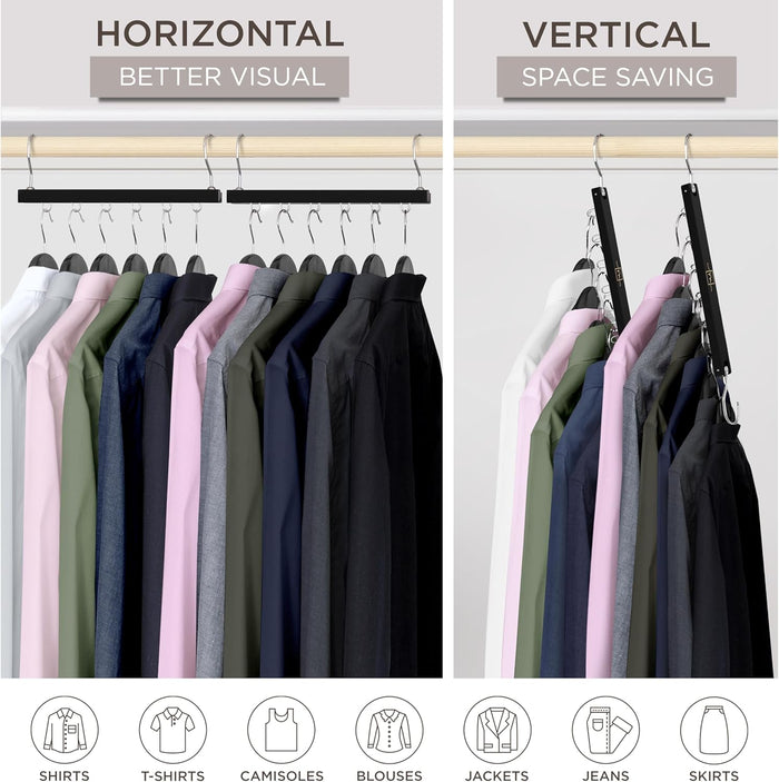 MORALVE Space Saving Hangers for Closet – 4 Pack European Beechwood 6-Tier Shirt Organizer with 360° Swivel Hook – Collapsible Clothes Hanger for Closet Organization (Hangers Not Included)