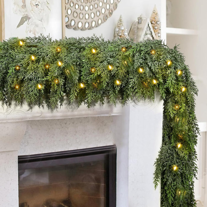 9FT Thick Christmas Garland with 240 Cedar Branches, Real Touch Green Cedar Garland for Christmas Decorations, Artificial Greenery Garland for Table, Mantle, Wall, Indoor, Outdoor Holiday Decor