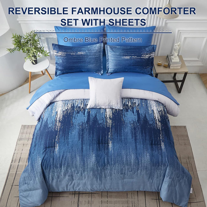 Ombre Blue Comforter Set King Size Reversible Gradient Blue Grey Boho Bedding Set for Men Women 8 Pieces Bed in A Bag Bohemian Bed Set With Comforter, Sheets, Pillowcases & Shams, Cushion Cover