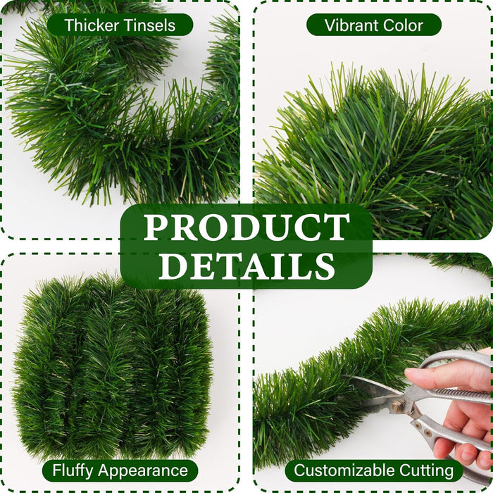 50FT Green Christmas Garland Decorations, Christmas Artificial Pine Greenery Garland Outdoor Indoor Decor, Straight Faux PVC Soft Garland for Stairs Railing Fireplace Window Mantle Home Party Decor
