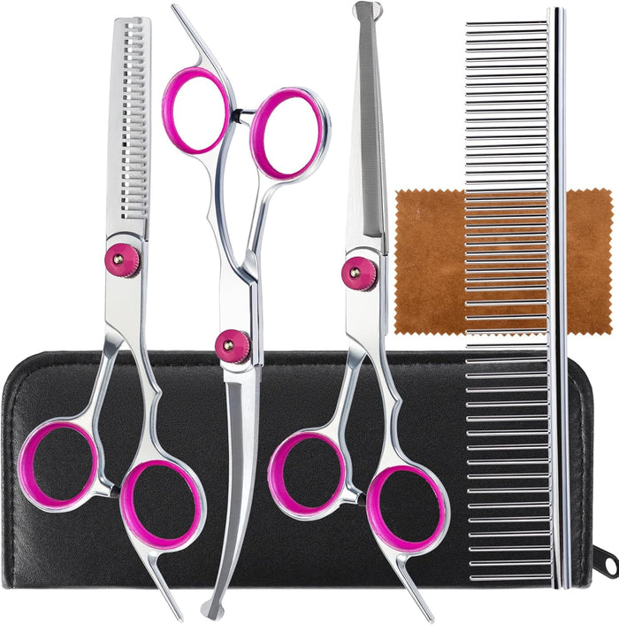 5 in 1 Premium Dog Grooming Scissors, Professional Dog Scissors for Grooming with Safety Round Tips, Lengnoyp Stainless Steel Thinning Shears, Pet Cat Shears for Grooming Kit