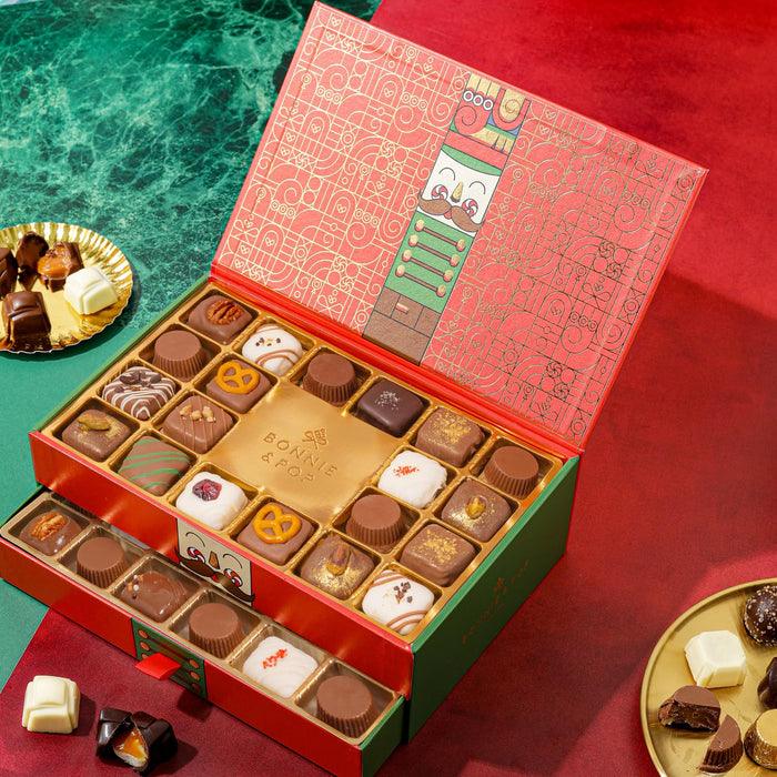 Chocolate Gift Basket, Candy Food Gifts, Gourmet Snack Box, Holiday Present Idea, Corporate Him & Her, Men, Women, Two-Tier Box with Assorted Belgian Truffles, 10+ Flavors, Bonnie and Pop (Red)