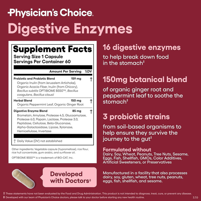 Physician's CHOICE Digestive Enzymes - Multi Enzymes, Organic Prebiotics & Probiotics for Digestive Health & Gut Health - Meal Time Discomfort Relief & Bloating - Dual Action Approach - 60 CT