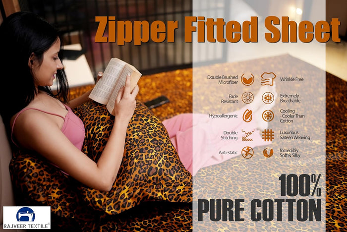 Cotton Zipper Fitted Sheet- Twin Size Luxurious Bedding Cotton Zipper Fitted Sheet 8" Inch Deep Pocket - 600 Thread Count Cotton Zipper Mattress Cover Twin - Leopard Print