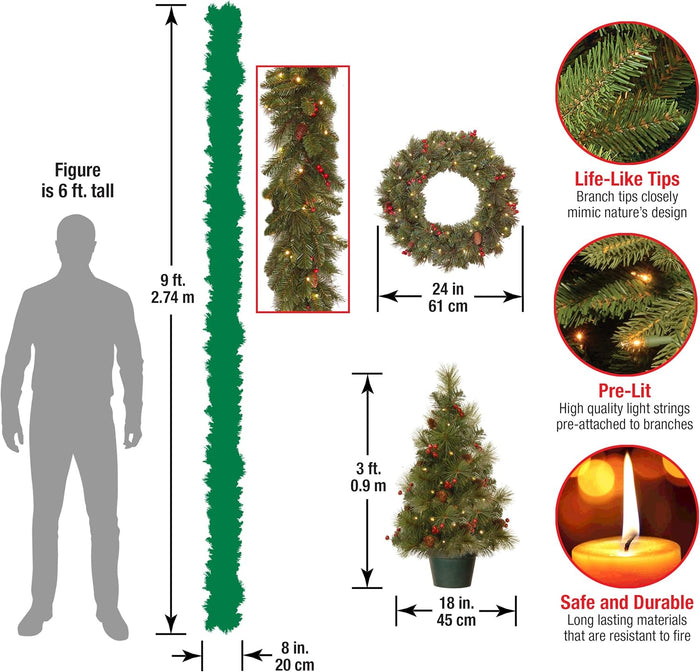 National Tree Company Pre-lit White LED Lights Holiday Christmas 4-Piece Set - Garland, Wreath and Set of 2 Entrance Trees