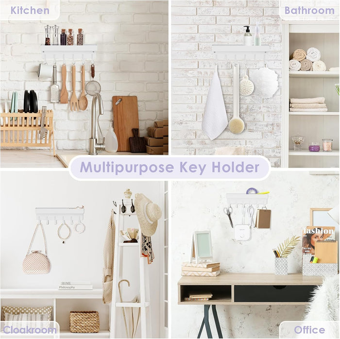 VIS'V Key Holder Wall Mount, Compact Adhesive Key Rack with Tray, 6 Hooks, 2 Mount Options, White