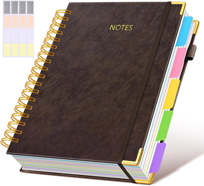 Hardcover Spiral Notebook journal with Removable Dividers Tabs, 300 Pages Leather 5 Subject Notebook College Ruled, 100GMS A5 Notebooks for Work School Note taking,Lined Journal for Women,A5-Black