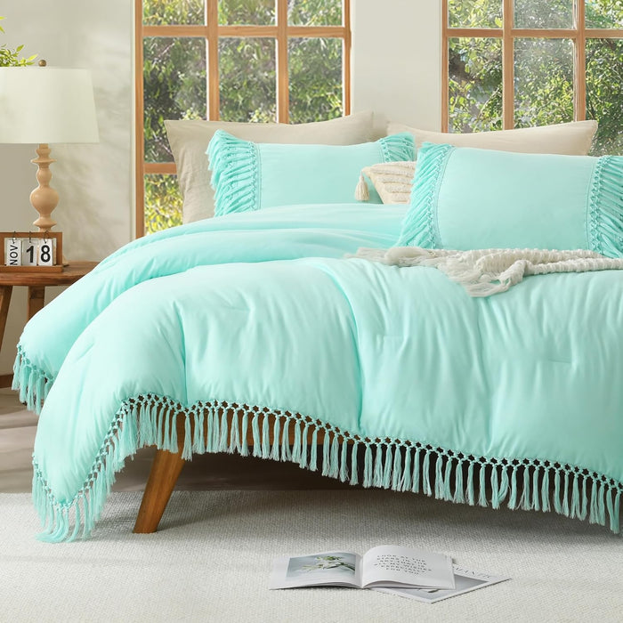 Andency Comforter Queen Size Set Beige, 3 Pieces Tassel Boho Lightweight Winter Bedding Comforters & Sets, All Season Bed Set (90x90In Comforter & 2 Pillowcases)