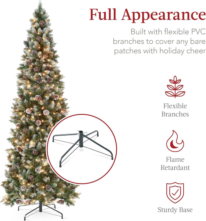 Best Choice Products 6ft Pre-lit Pencil Christmas Tree, Partially Flocked & Frosted Slim Holiday Tree Decoration, Skinny Xmas Tree, 250 Lights, 618 Frosted Tips, 50 Pine Cones, Foldable Stand