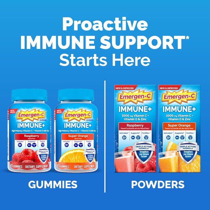 Emergen-C Immune+ Triple Action Immune Support Powder, BetaVia (R), 1000mg Vitamin C, B Vitamins, Vitamin D and Antioxidants, Raspberry, Back to School Essentials – 30 Count