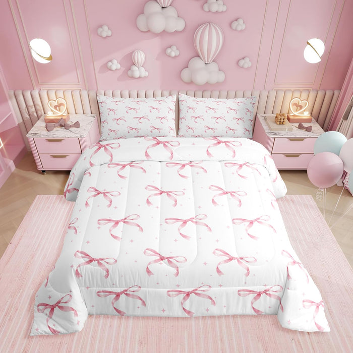 Erosebridal Ribbon Pink Bow Queen Comforter Set,Cute Pink Bows Bedding Set for Girls Teen Kids Bedroom Decor,Coquette Bowknot Bed Set Princess Bowtie Bedding Comforter Sets,2 Pillowcases