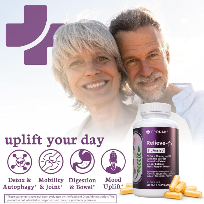 Relieve-fx™ DLPA Boswellia Turmeric and Ginger Supplement, Stress Relief, Heart, Digestion, Muscle Cramp, Joint, Inflammation Health, Vitamin B6 P5P, Boswellic Acid, Curcumin with Black Pepper - 90ct