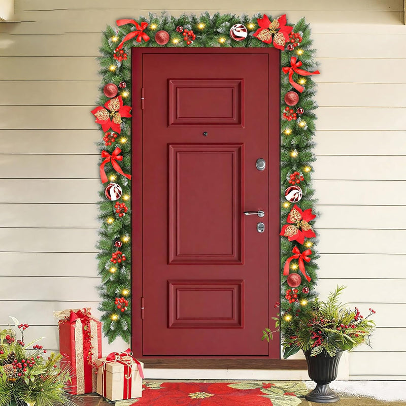 Christmas Garland with Lights, 30 LED 9FT Prelit Christmas Garland for Mantle,Outdoor Indoor Christmas Decorations Garland Battery Operated with Bows,Flowers,for Stairs,Railing,Fireplace,Front Door