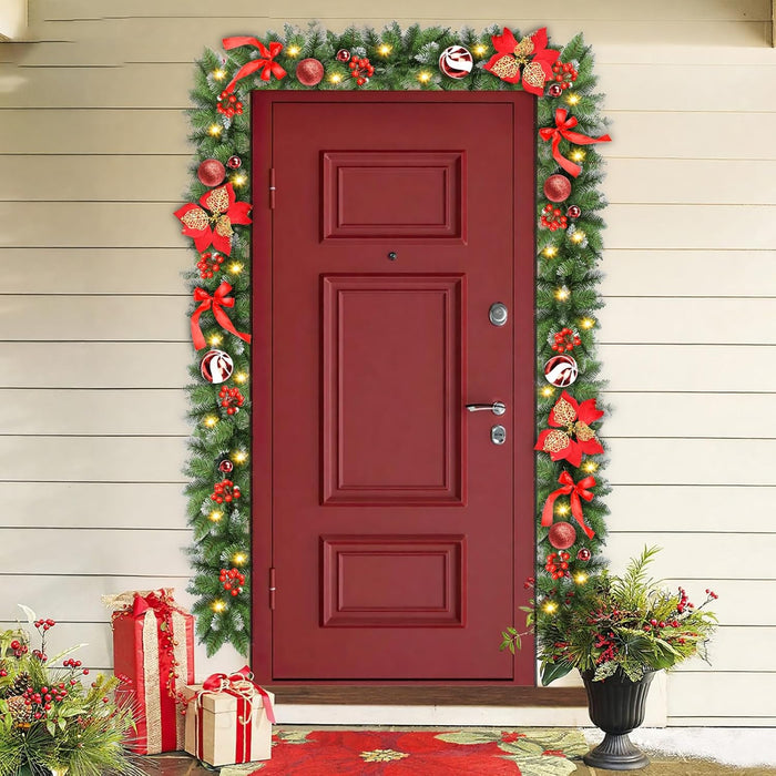 Christmas Garland with Lights, 30 LED 9FT Prelit Christmas Garland for Mantle,Outdoor Indoor Christmas Decorations Garland Battery Operated with Bows,Flowers,for Stairs,Railing,Fireplace,Front Door