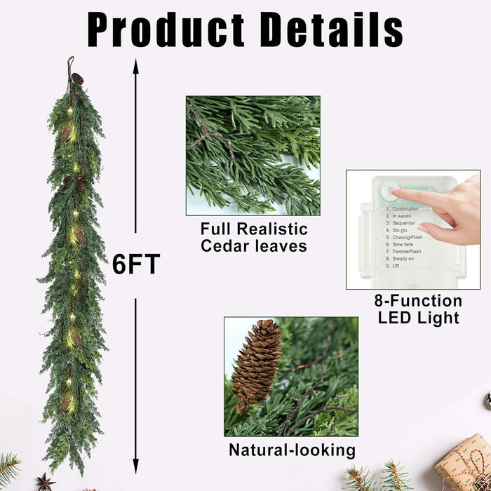 6ft Christmas Garland with LED Lights Artificial Cedar Cypress Garland with Pine Cones Garland for Home Fireplace Wall Indoor Outdoor Holiday Party Decoration