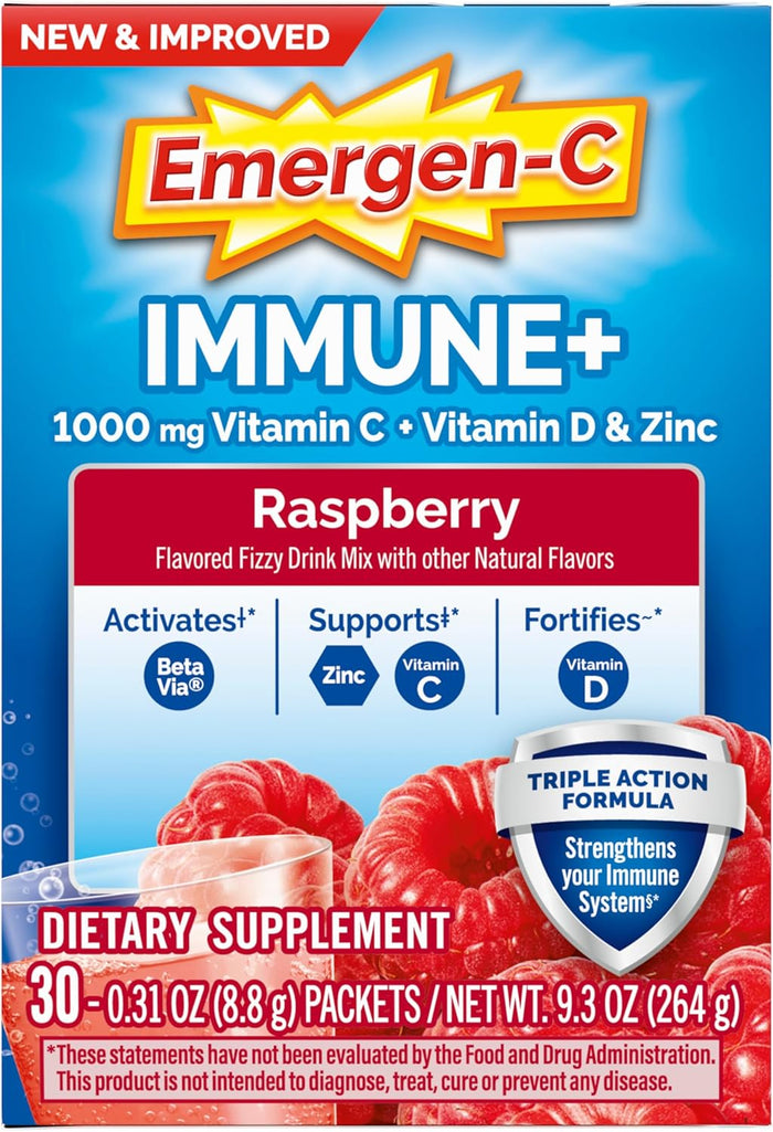Emergen-C Immune+ Triple Action Immune Support Powder, BetaVia (R), 1000mg Vitamin C, B Vitamins, Vitamin D and Antioxidants, Raspberry, Back to School Essentials – 30 Count