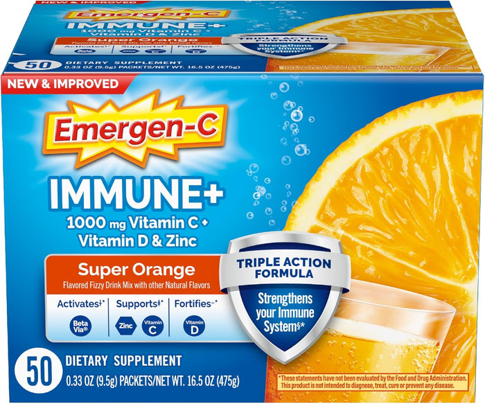 Emergen-C Immune+ Triple Action Immune Support Powder, BetaVia (R), 1000mg Vitamin C, B Vitamins, Vitamin D and Antioxidants, Raspberry, Back to School Essentials – 30 Count