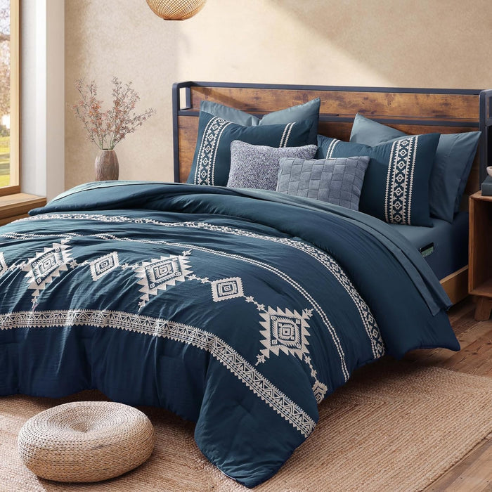 MaiRêve Embroidery Queen Size Comforter Set Black, Boho Farmhouse Western Bedding Set 7 Pieces, All Season Bed in A Bag Comforter Set with Sheets, Pillowcases & Shams