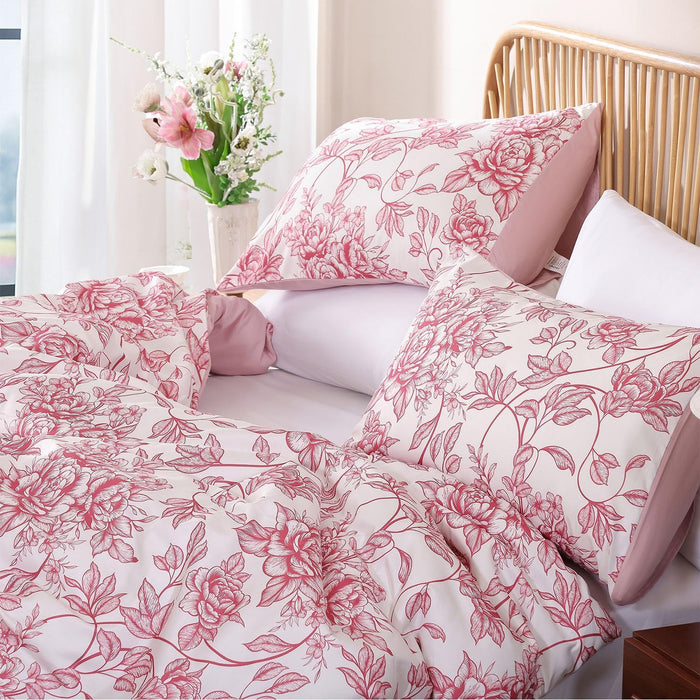 JANZAA Comforter Set Comforter Floral Bedding Sets Flowers Bed Comforter 1 Soft Reversible Botanical with 2 Pillow Shams (Pink, Queen)