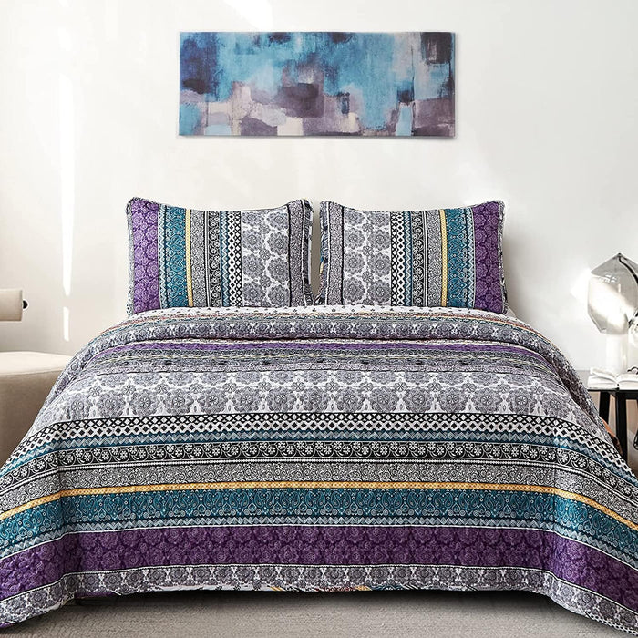 WONGS BEDDING Boho Quilt Set King Size, Navy Blue Bohemian 3 Pieces Quilt Sets, Lightweight Microfiber Bedspread Coverlet Bedding Set for All Season (104"x90")
