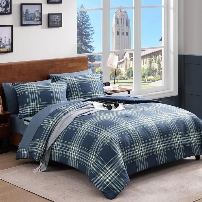 Full Size Comforter Sets, Khaki Green Plaid Bedding Set 7 Piece for Boys Girls Teen, Classic Homestead-Style Kids Comforter Set Bed in A Bag with Sheets, Pillowcases & Shams