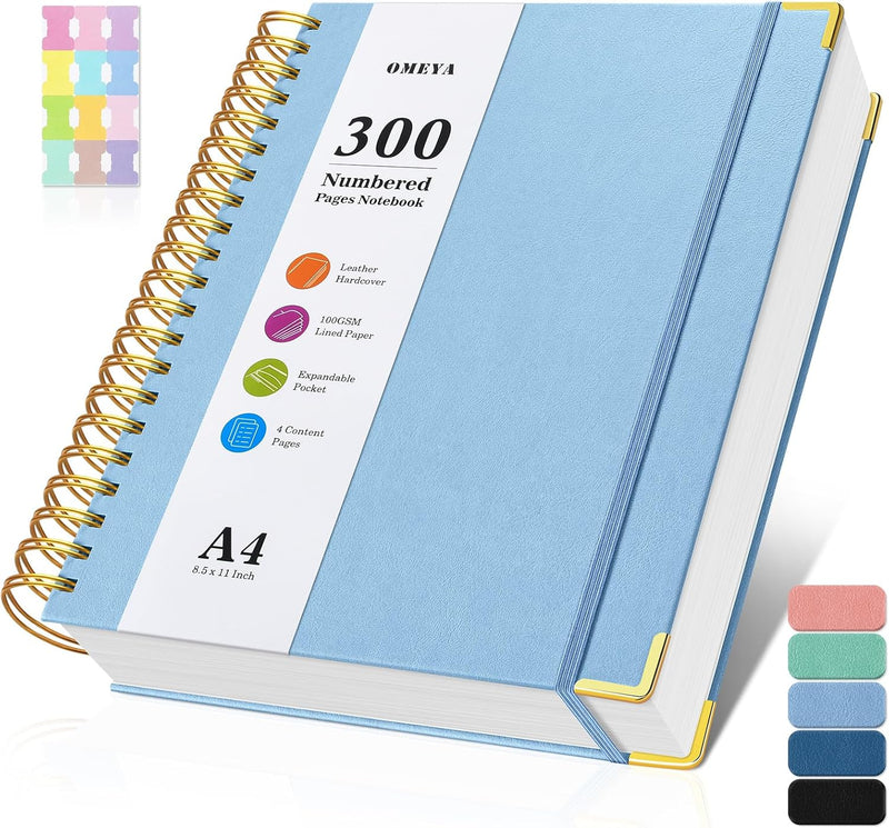 Spiral Notebook 8.5" x 11", 300 Numbered Pages Notebooks College Ruled with Contens, 100GSM Thick Journal for Women Men, Hardcover Leather Lined Journal for Writing, Large A4 Notebooks for Work School