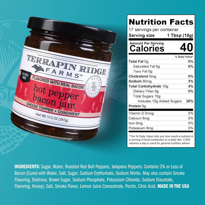 Terrapin Ridge Farms Hot Pepper Bacon Jam – Sweet & Spicy Spread with Real Bacon & Jalapeño – Gourmet Condiment for Cheese, Meats, and Appetizers – 10.5 oz Jar