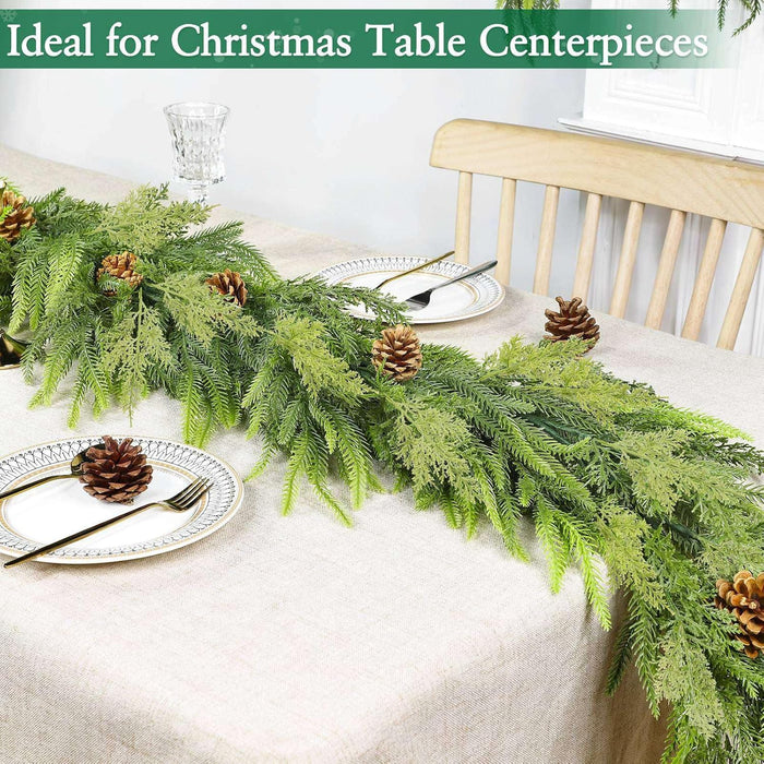 6FT Christmas Norfolk Pine Garland, Real Touch Greenery Cypress Garland with 80 Norfolk & 20 Cypress Leaves 8 Pinecones for Xmas Decorations Outdoor Table Fireplace Holiday Home