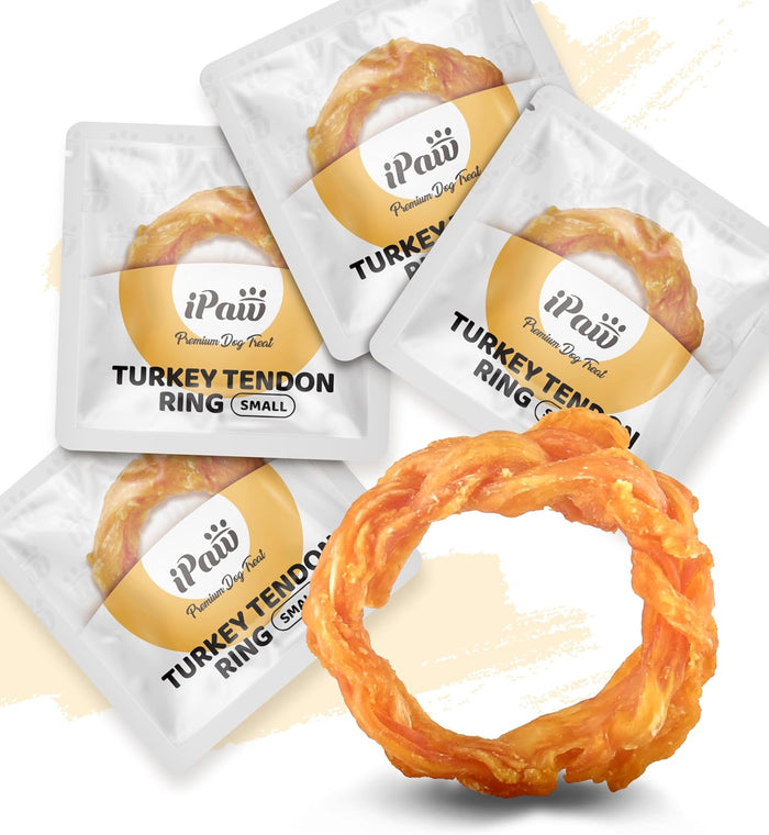 iPaw Turkey Tendons for Dogs 10 Pcs Value Pack, 100% Turkey and US Sourced Raw Material, Hypoallergenic, All Natural Human Grade Puppy Chew, Rawhide Alternative Dog Treats, Ring (Small)