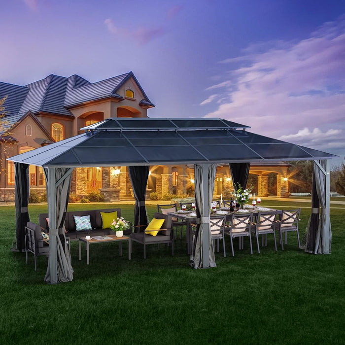 LeDoasis 10' X 13' Permanent Hardtop Gazebo, Outdoor Polycarbonate Double Roof Canopy with Breathable Netting & Privacy Curtain for Patio Backyard Garden Lawn Party