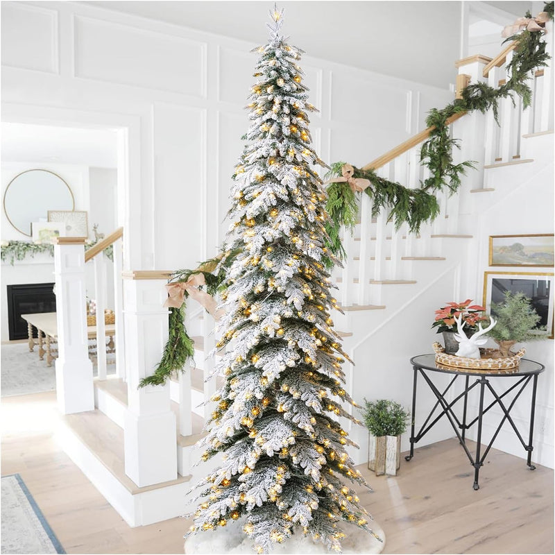 Glitzhome 7.5ft Artificial Christmas Tree, Pre-Lit Flocked Pencil Christmas Tree Chicago Frostwood Spruce with 350 Warm White Lights Home, Office, Holiday Decoration